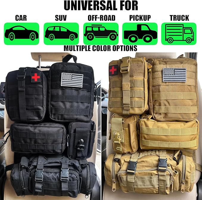 7 PACK Tactical Seat back organizer Truck organizer With 6 Detachable Pouches Universal For Car Truck Ford Jeep Military-Grade Heavier Panels With Multi-functional Packs (khaki)