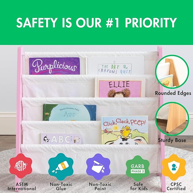 Humble Crew 4-Tier Kids Bookshelf, Pink/White - Premium Book Shelf for Kids Rooms with Four Deep Pockets - Toddler Sling Book