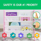 Humble Crew 4-Tier Kids Bookshelf, Pink/White - Premium Book Shelf for Kids Rooms with Four Deep Pockets - Toddler Sling Book