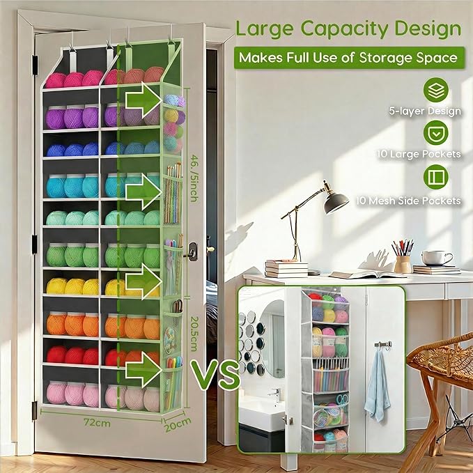 Unjumbly 5 Tiers Over The Door Hanging Yarn Storage Organizer, Hanging Door Organizer for Knitting and Crochet Supplies, Back