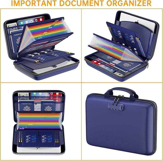 DocSafe Fireproof File Organizer with Lock, Hard-Shell Case Fireproof Document Box with 13 Pocket Accordion File Folder, Port