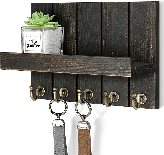 Rebee Vision Pine Wood Key Holder Wall Mount with Floating Shelf – Farmhouse Key Holder for Wall to Maximize Storage Solution