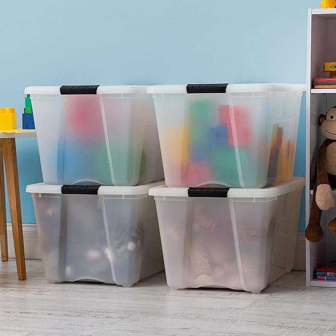 IRIS USA 54 QT Plastic Storage Box with Lid and Latches - 4 Pack - BPA-Free, Discreet Organizing Solution, Durable Nestable S