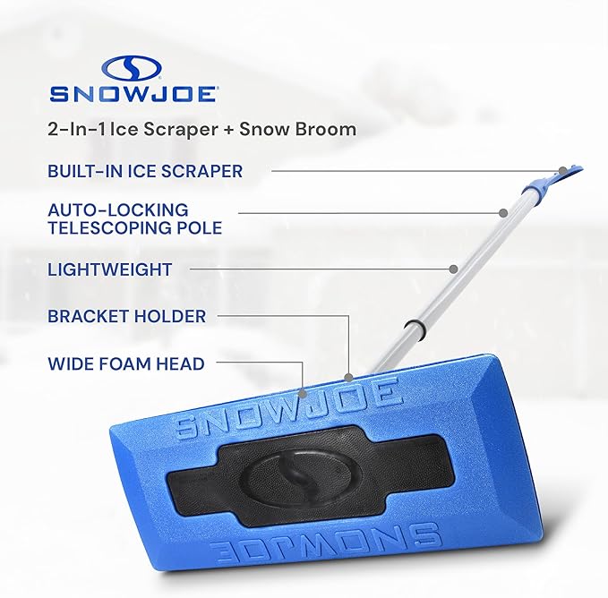 Snow Joe 18" Telescoping Snow Broom & Ice Scraper for Cars, No-Scratch Foam Brush - Long and Extendable Ice Removal Tool for Car Window and Automotive Windshield, SJBLZD