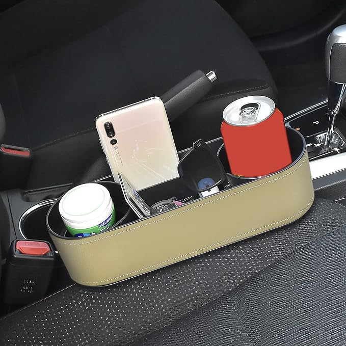 IOKONE Car Cup Holder, Auto Front Seat Organizer, Multifunctional Cup Drink Holders with PU Leather Cover, Gap Filler Storage Box Coin Bucket Console Side Pocket Cell Mobile Phone Holder(Slim-Beige)