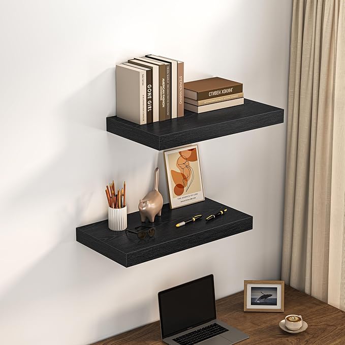 Dreamland 24" Floating Shelves for Wall, 12" Deep Thicker Black Floating Shelves, Wall-Mounted Shelves for Bedroom, Living Ro