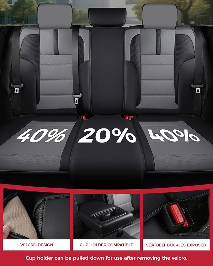 FREESOO Black Gray Car Seat Covers Full Set - Faux Nappa Leather Seat Covers for Cars, with Front Seatbelt Pads, Luxury Water