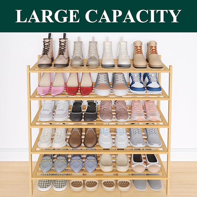 Smiry Long Bamboo Shoe Rack 5-Tier, Stackable Wooden Shoe Organizer for Entryway & Closet, Free Standing Wood Shoe Storage Sh