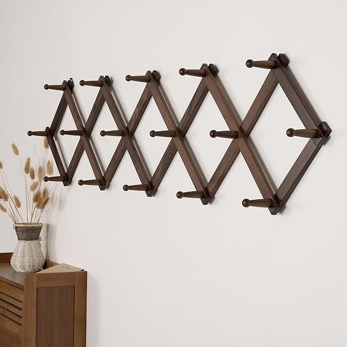 SKOLOO Accordion Wall Hanger with 16 Hooks, Modern Expandable Coat Rack Hat Rack for Wall, Solid Wooden, Walnut Color