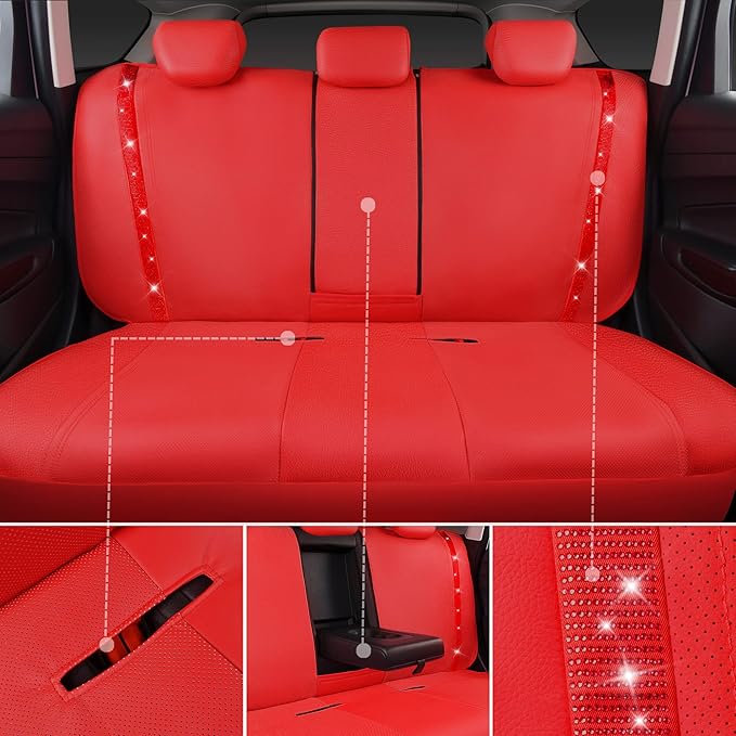CAR PASS Bling Diamond Car Seat Covers Full Set, Shining Rhinestone Waterproof Faux Leather, Rear with Zipper, Universal Fit Automotive Glitter Crystal Sparkle Strips for Cute Women Girl, Red
