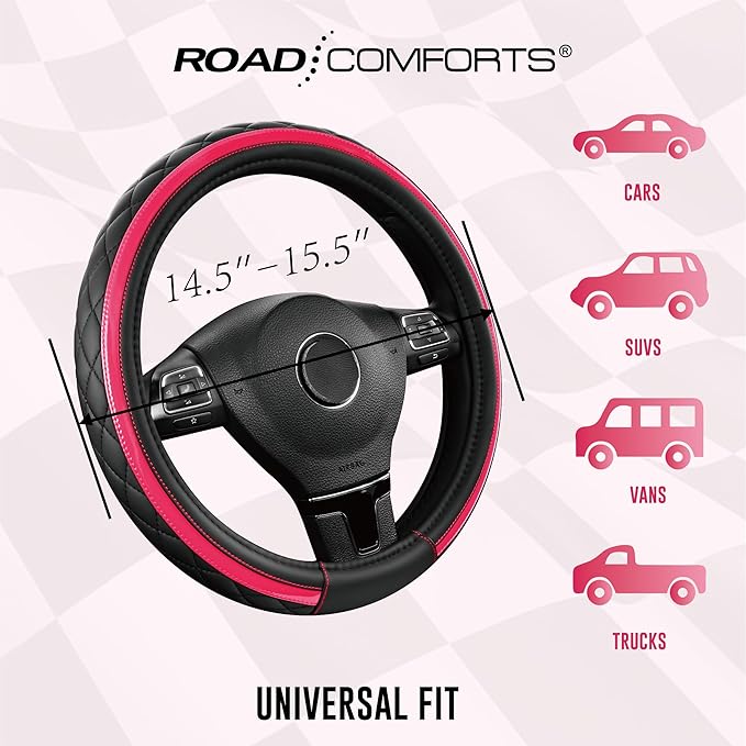 Road Comforts Leather Steering Wheel Cover – Black & Hot Pink, Universal Fit 14.5-15 Inch, Microfiber Leather, Anti-Slip & Br