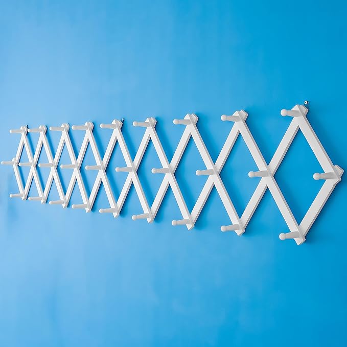 SKOLOO Accordion Wall Hanger with 28 Hooks, Modern Expandable Coat Rack Hat Rack for Wall, Solid Wooden, White
