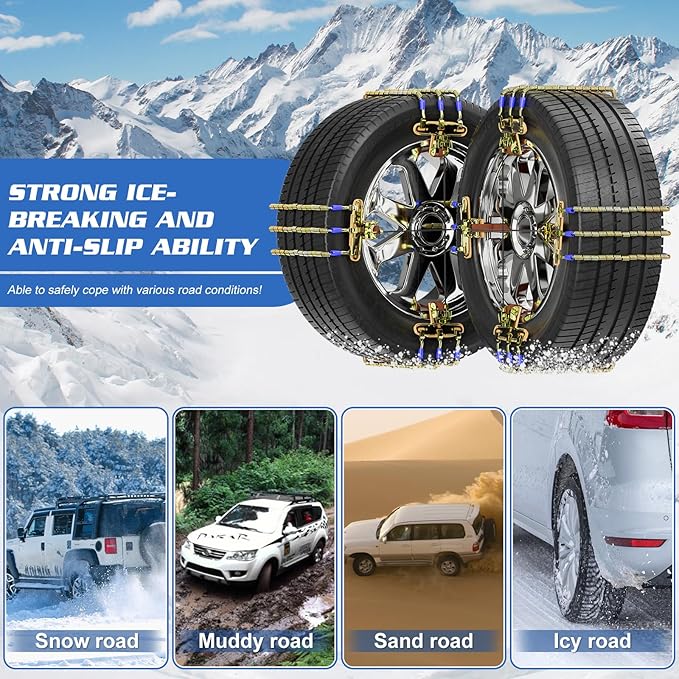 Upgraded Snow Chains 8 Pack, Tire Chains for Passenger Cars, Pickups, and SUVs, Universal Adjustable Emergency Portable Snow 