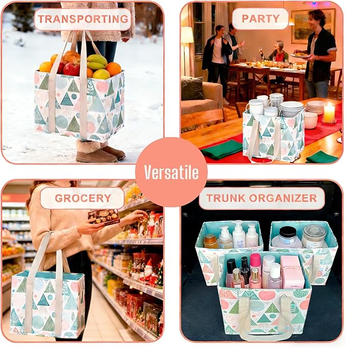 VENO 3 Pack Reusable Grocery Bags, Shopping Bags for Groceries, Tote with Handles and Hard Bottom, Foldable Shopping Cart Organizer, Water Resistant, Heavy-Duty (Pastel Forest, 6 Gallon)