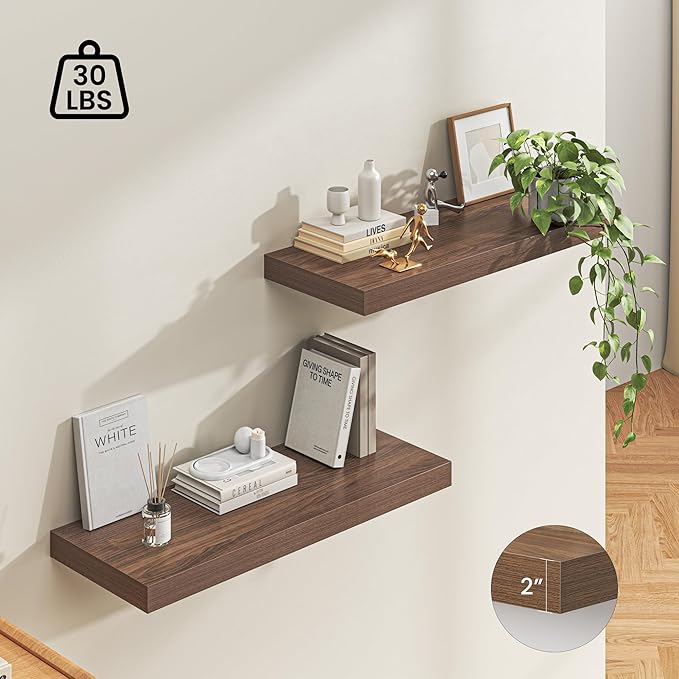 Dreamland 36" Floating Shelves for Wall, 12" Deep Thicker Walnut Floating Shelves, Wall-Mounted Shelves for Bedroom, Living R