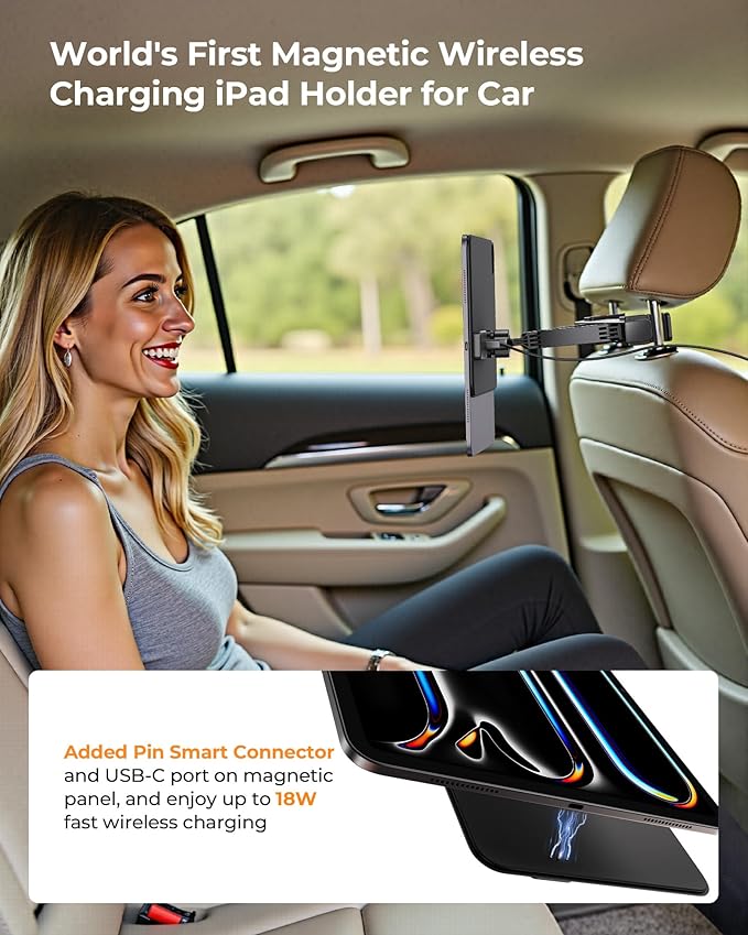 KU XIU Magnetic Wireless Charging Car Headrest Tablet Holder for iPad Pro 13'' M4/M5 Only, Tablet Car Back Seat Mount for Kids, Road Trip Essentials Trave Holder with Air Vent Stand, 2M USB-C Cable