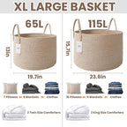 JMvicyroam 65L Extra Large Blanket Basket for Living Room - Woven Cotton Rope Laundry Hamper with Reinforced Handles - Storag