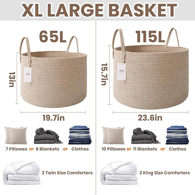 JMvicyroam 115L Extra Large Blanket Basket for Living Room - Woven Cotton Rope Laundry Hamper with Reinforced Handles - Stora