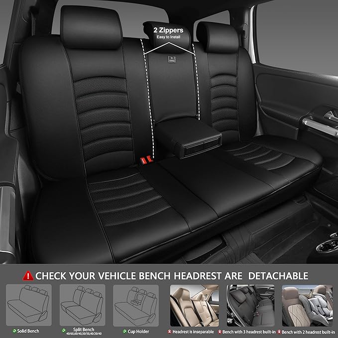 CAR PASS Leather Back Seat Cover, Universal Waterproof Bench Rear Seat Cover Zipper Split Rear Bench Protector Fit 95% Automo