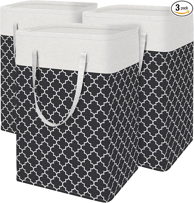 BlissTotes 3-Pack Laundry Basket, Freestanding＆Waterproof Laundry Hamper, Collapsible Tall Clothes Hamper with Easy Carry Han