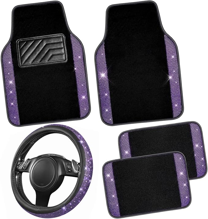 CAR PASS Bling Diamond Leather Steering Wheel Cover 14.5in-15in Floor Mats Shining Rhinestone Carpet Sparkly Glitter Crystal Anti-Slip Pad Fit Automotive SUV Pickup Truck Girl Women, 5pcs Black Purple