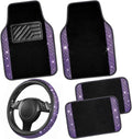 CAR PASS Bling Diamond Leather Steering Wheel Cover 14.5in-15in Floor Mats Shining Rhinestone Carpet Sparkly Glitter Crystal Anti-Slip Pad Fit Automotive SUV Pickup Truck Girl Women, 5pcs Black Purple
