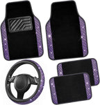 CAR PASS Bling Diamond Leather Steering Wheel Cover 14.5in-15in Floor Mats Shining Rhinestone Carpet Sparkly Glitter Crystal Anti-Slip Pad Fit Automotive SUV Pickup Truck Girl Women, 5pcs Black Purple