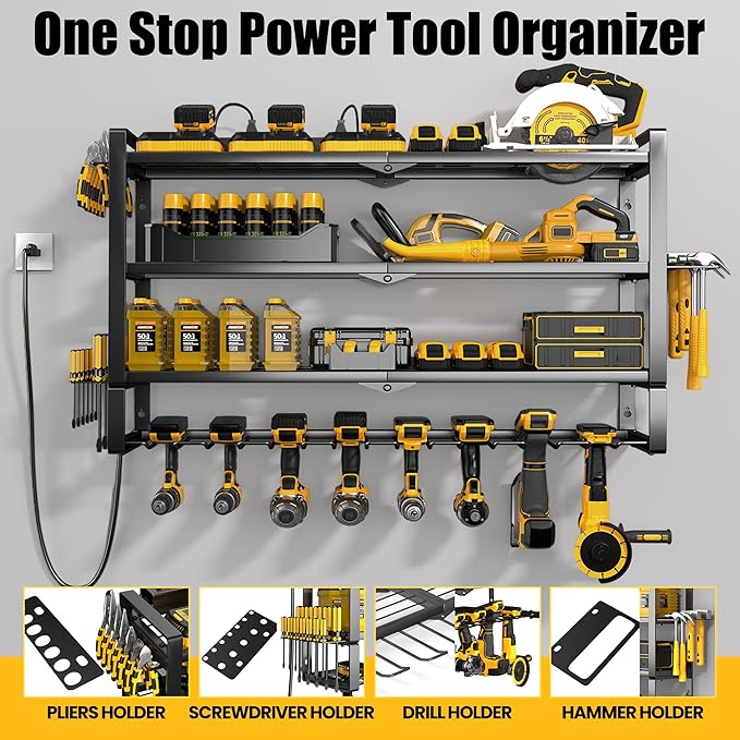 MOOMSINE Large Power Tool Organizer Wall Mount with Charging Station, 400lbs Metal Storage Rack with 8 Cordless Drill Holder,