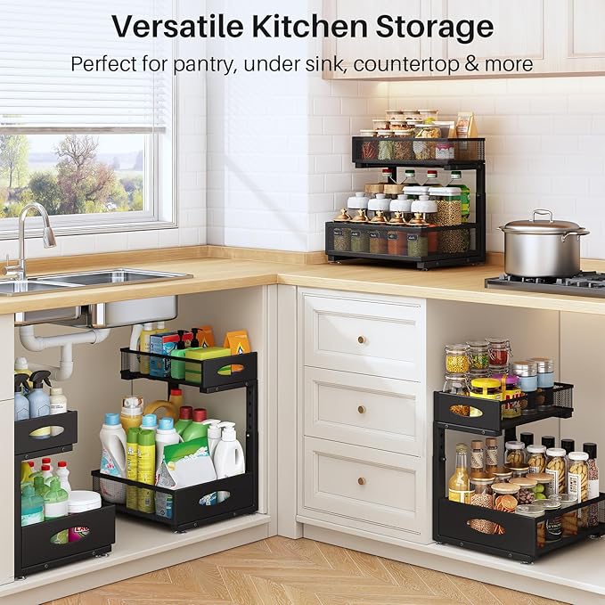 Under Sink Organizer, 2 Pack 2 Tier Pull Out Under Cabinet Organizer Shelf with Pad for Framed Cabinets, Metal Slide Out Unde