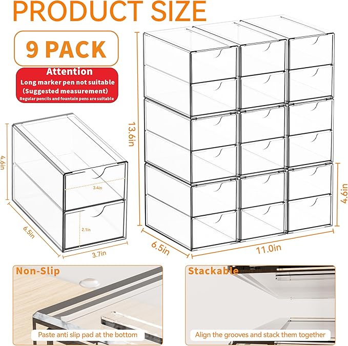 Yieach 9 Pack Small Acrylic Drawers With 18 Drawers,Clear Drawer Organizers Stackable,School,Office Supplies Organizer And St