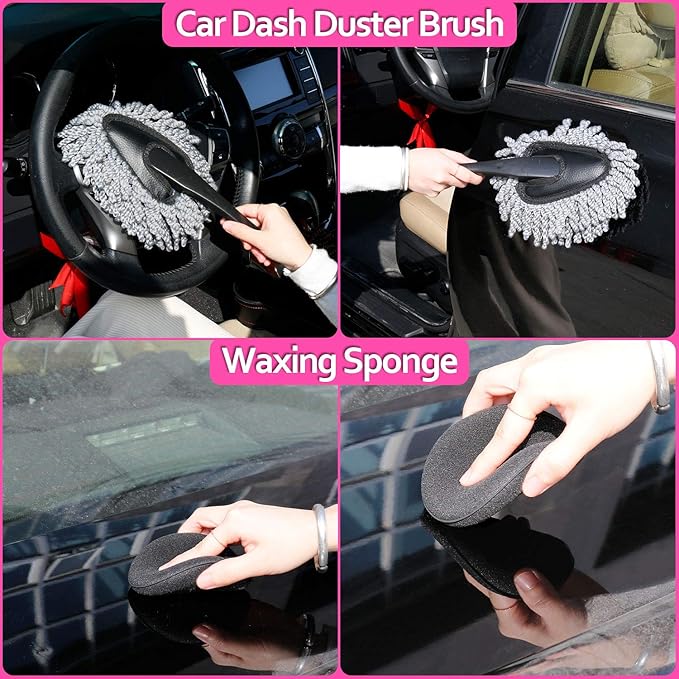 THINKWORK Pink Car Detailing Cleaning Kit, Car Wash Kit, Car Accessories for Women Suitable for Small and Medium Vehicles Suc