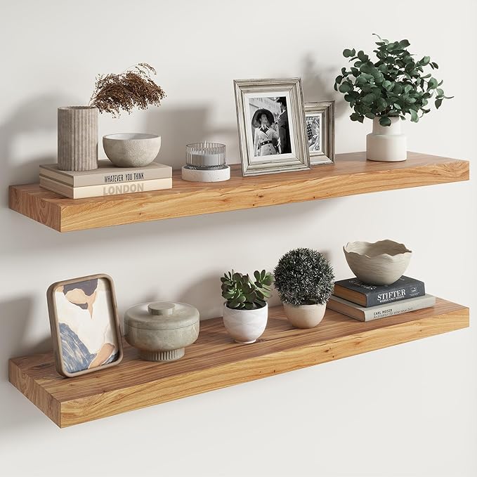 RICHFOCUS Elm Floating Shelves for Wall - 40" W x 9.3" D Rustic Solid Wood Shelves with Invisible Bracket, Wall-Mounted for L
