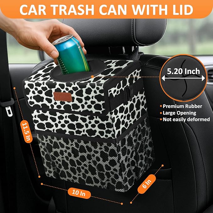 3 Gallons Car Trash Can with Lid, Car Bag Bin Hanging Waterproof Automotive Garbage Cans Leak Proof Vehicle Trash Can Cow Print