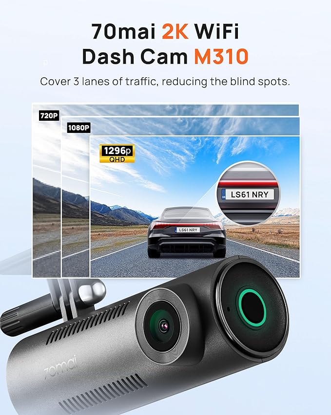 70mai Dash Cam M310, Dash Camera for Cars 1296P QHD, Smart Dash Cam Front Built in WiFi, 130° Wide-Angle FOV, WDR, Night Visi