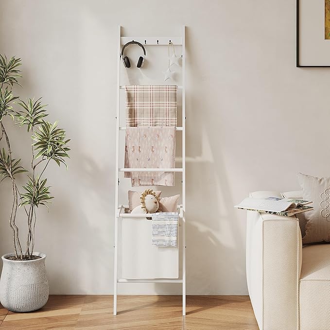 BAMBANG Bamboo Blanket Ladder with Basket, 5-Tier Quilt Rack Stand with 4 Hooks & Storage Hamper for Living Room Bathroom, Wa
