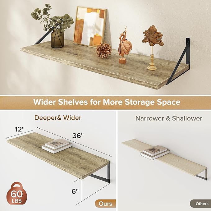 Deep Floating Shelves Wall Mounted, 36"x12" Gray Wall Shelves with Brackets Set of 2 for Bedroom, Living Room, Bathroom, Kitc