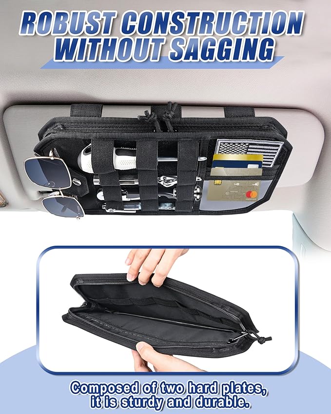 Heavy Duty Molle Car Sun Visor Organizer Tactical Pounch with Flag and Glasses Clip Store Your Daily Items for Most Cars, Trucks, SUVs, Compacts, 12.8"x6.9"x1.2"