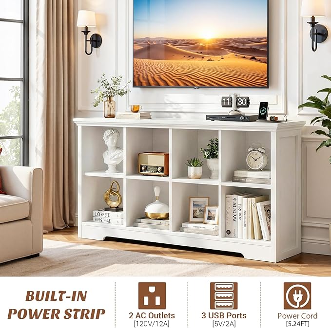 Aheaplus Wooden 8-Cube Storage Organizer with Charging Ports, Modern Cube Bookcase with Base, 3-Tier Floor Standing Open Cubb