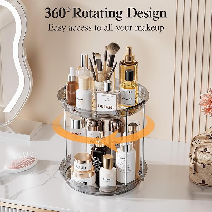Delamu 2 Tier Rotating Makeup Organizer for Vanity, Skincare Organizer for Bathroom Counter, Spinning Perfume Organizer Cosme