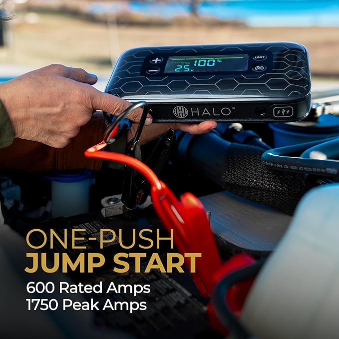 HALO Bolt Air+ 1750 Portable Car Battery Jump Starter | 130 PSI Air Compressor, 59.9Wh USB Power Bank, Large Display,