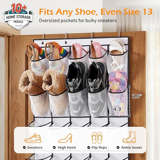 MISSLO 35 Large Pockets Over The Door Shoe Organizer Sturdy Oxford Fabric Hanging Shoe Rack for Door Mesh Closet Shoe Holder 