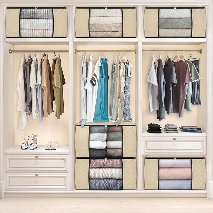 Fab totes 6 Pack Clothes Storage, Foldable Thick Fabric Blanket Storage Bags, Containers for Organizing Bedroom, Closet, Clot