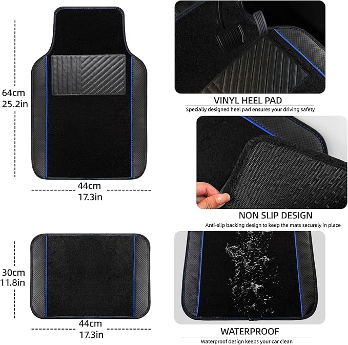 NBTEPEM 10 Pcs Car Floor Mats Full Set Car Accessories, Microfiber Leather Steering Wheel Covers 14.5-15 inch, Center Console Cover, Seat Belt Pads, Cup Coasters, Universal Interior Decor(Blue)