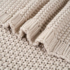 Chunky Cable Knit Throw Blanket Lightweight Beige 100% Organic Cotton Blanket for Sofa Couch Bed Baby Nursery, Rustic Shabby 
