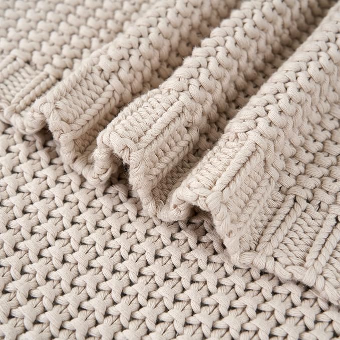 Chunky Cable Knit Throw Blanket Lightweight Beige 100% Organic Cotton Blanket for Sofa Couch Bed Baby Nursery, Rustic Shabby 