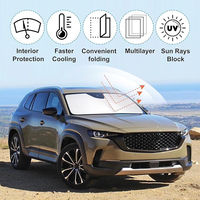 Front Windshield Sun Shade Foldable Car Front Window Sun Shade Windshield Shade Custom Fit for 2023-2026 Mazda CX50 Block UV Rays Car Accessories Heat Keep Cooler