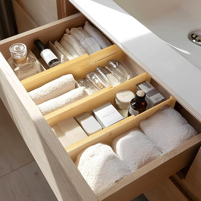 VaeFae 3 Pack Bamboo Drawer Dividers, 4" High Adjustable 11.9-17.1" Clothes Drawer Organizers, Expandable Separators for Bedr