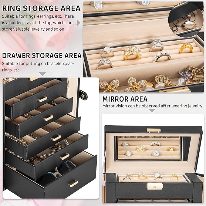 AKOZLIN Large 6-Tier Jewelry Box Lockable Leather Jewelry Storage Case with 5 Drawers for Women Girls Ring Necklace Earring B