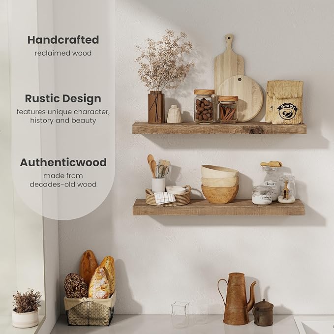 Floating Shelves, 8 Inch Deep Rustic Solid Reclaimed Wood Wall Shelves for Storage, Wall Mounted Display Shelving with Invisi