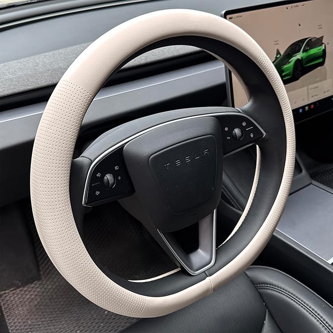 PINCTROT Nappa Leather Steering Wheel Cover for Tesla Model Y/3 Highland/Juniper, D Shaped 14 Inch Small Sized with Breathabl